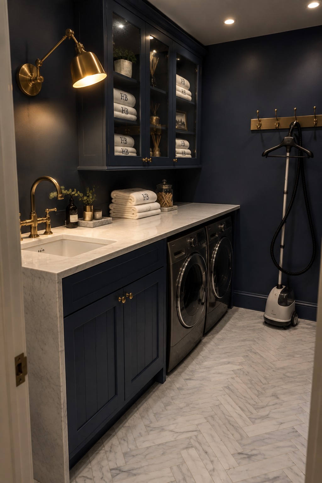 A laundry room with dark navy cabinets, white marble counters, a brass swing-arm wall sconce above the sink, and front-loading washer and dryer units along the wall.