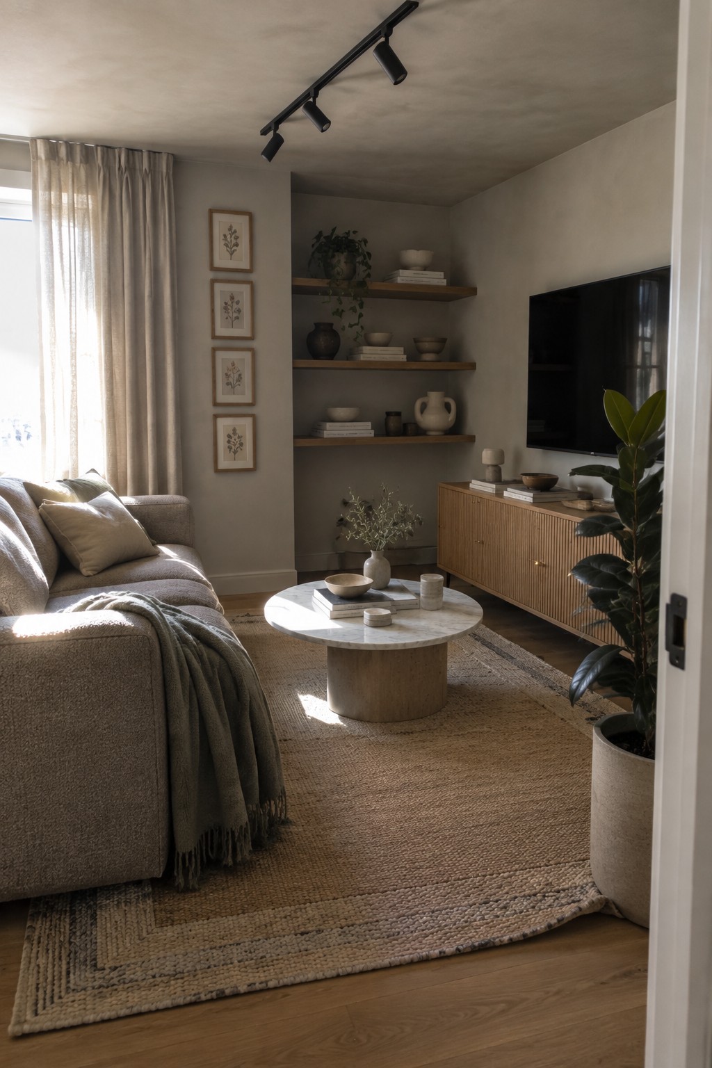 A living room interior showing a black track lighting system with adjustable heads mounted on a low ceiling above a sofa and coffee table.