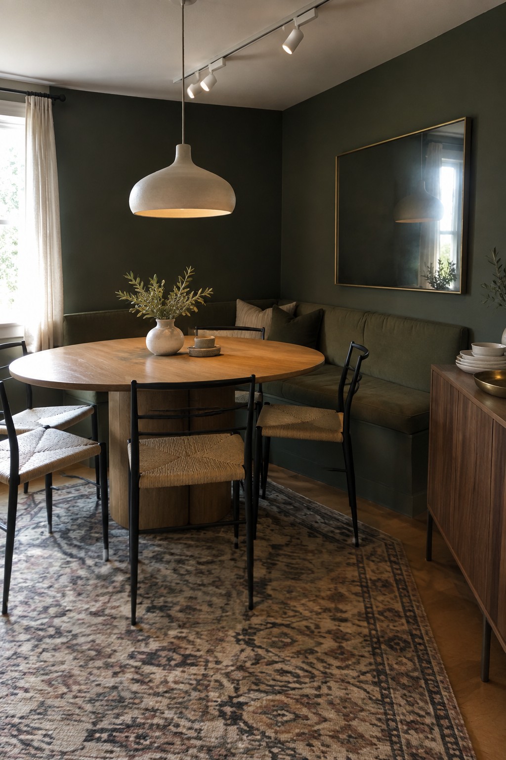 A dining room interior with a round wooden table, black metal chairs with woven seats, a green upholstered banquette, and a white track lighting system with multiple adjustable spotlights mounted on the ceiling.