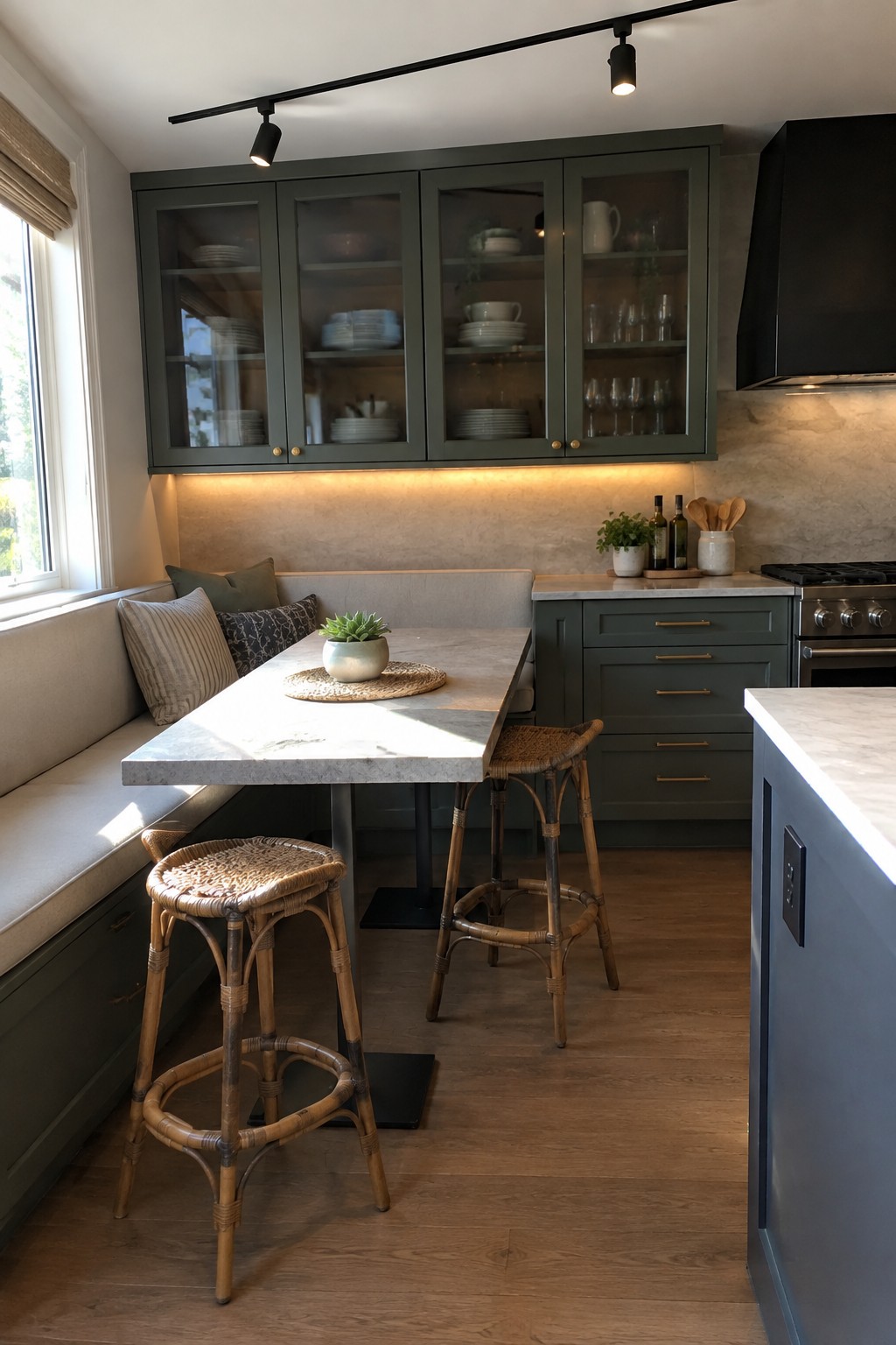 A modern kitchen with dark green cabinets, a marble-topped table, woven bar stools, and black track lighting with adjustable heads mounted on the ceiling.