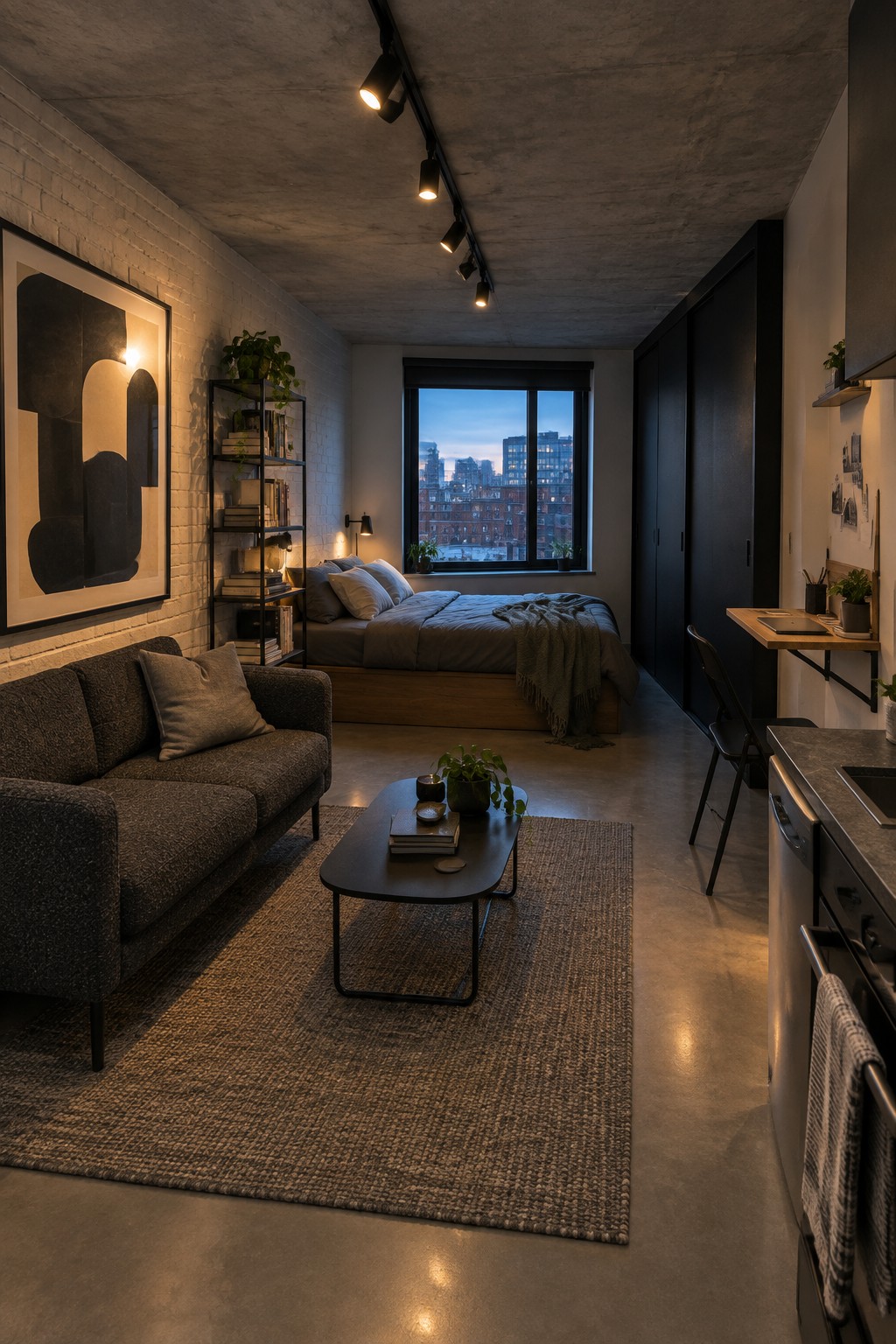 A narrow studio interior with a black track lighting system mounted on a low concrete ceiling, a gray sofa on a woven rug, a bed beneath a window, and a small kitchen area on the right.