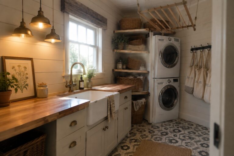 Rustic laundry room with farmhouse sink, brass pendants, labeled totes, and woven baskets