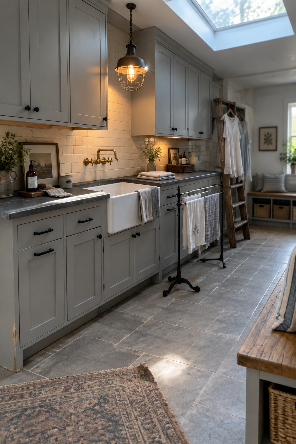 A farmhouse laundry room with gray cabinets, white farmhouse sink, dark countertop, and a black cage-style pendant light hanging above the counter.