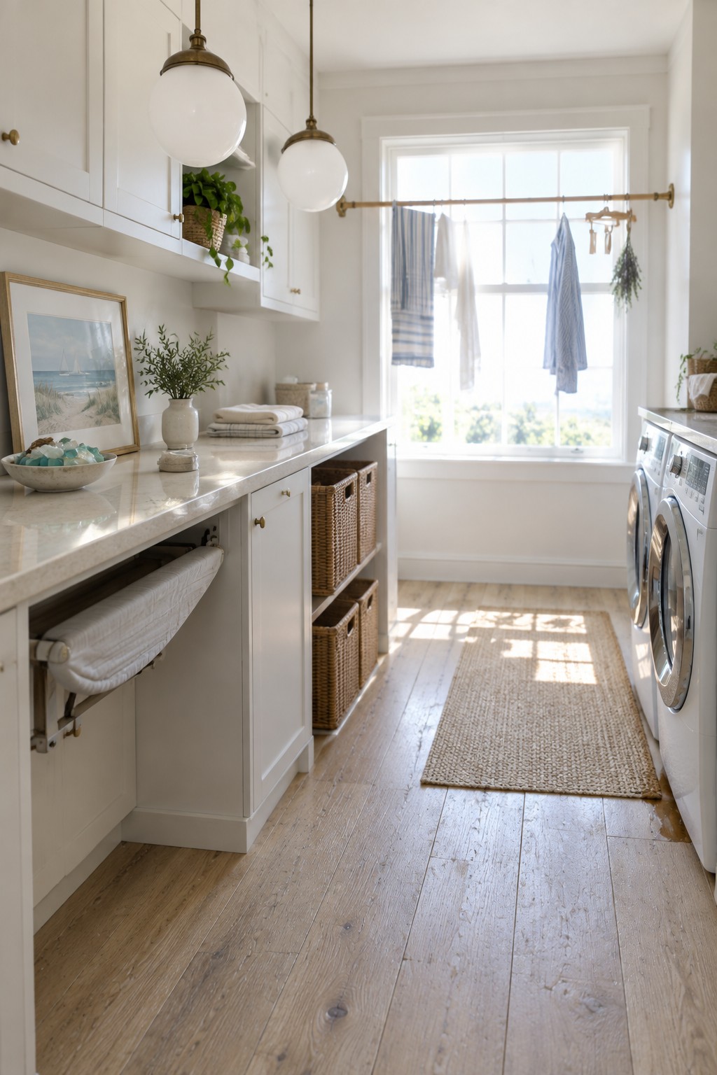 A laundry room with white cabinets, a marble countertop, two white globe pendant lights with brass hardware, wicker baskets under the counter, a window with a hanging rod, and a jute rug on light wood flooring.
