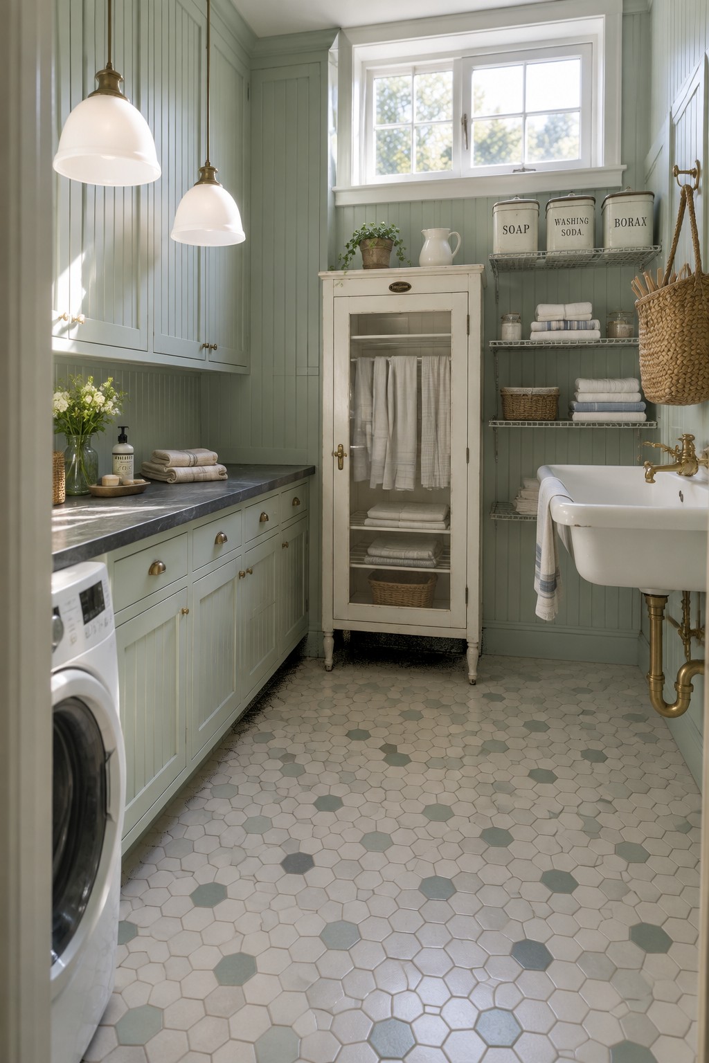 Sage green laundry room with white sink, washing machine, and hexagonal tile floor