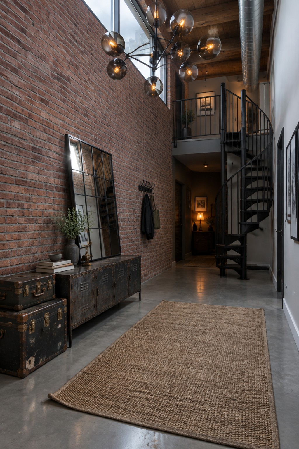 Industrial loft hallway with red brick wall, spiral staircase, jute rug, and glass chandelier.
