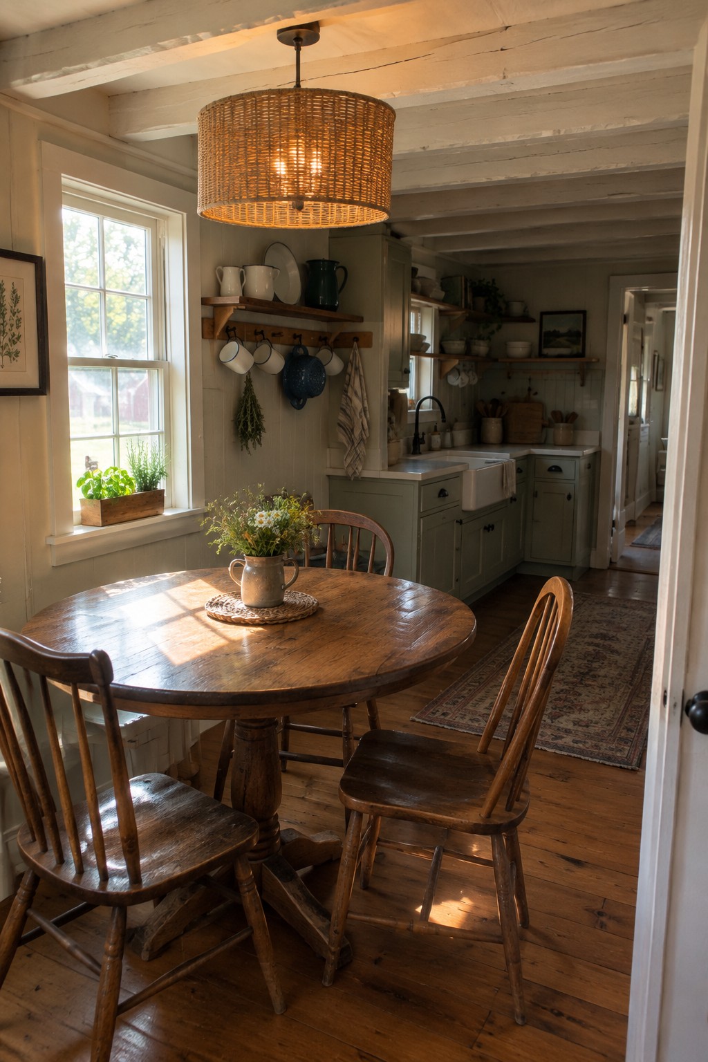 A round wooden dining table sits beneath a large woven drum shade chandelier in a rustic kitchen with whitewashed beams and green cabinets.