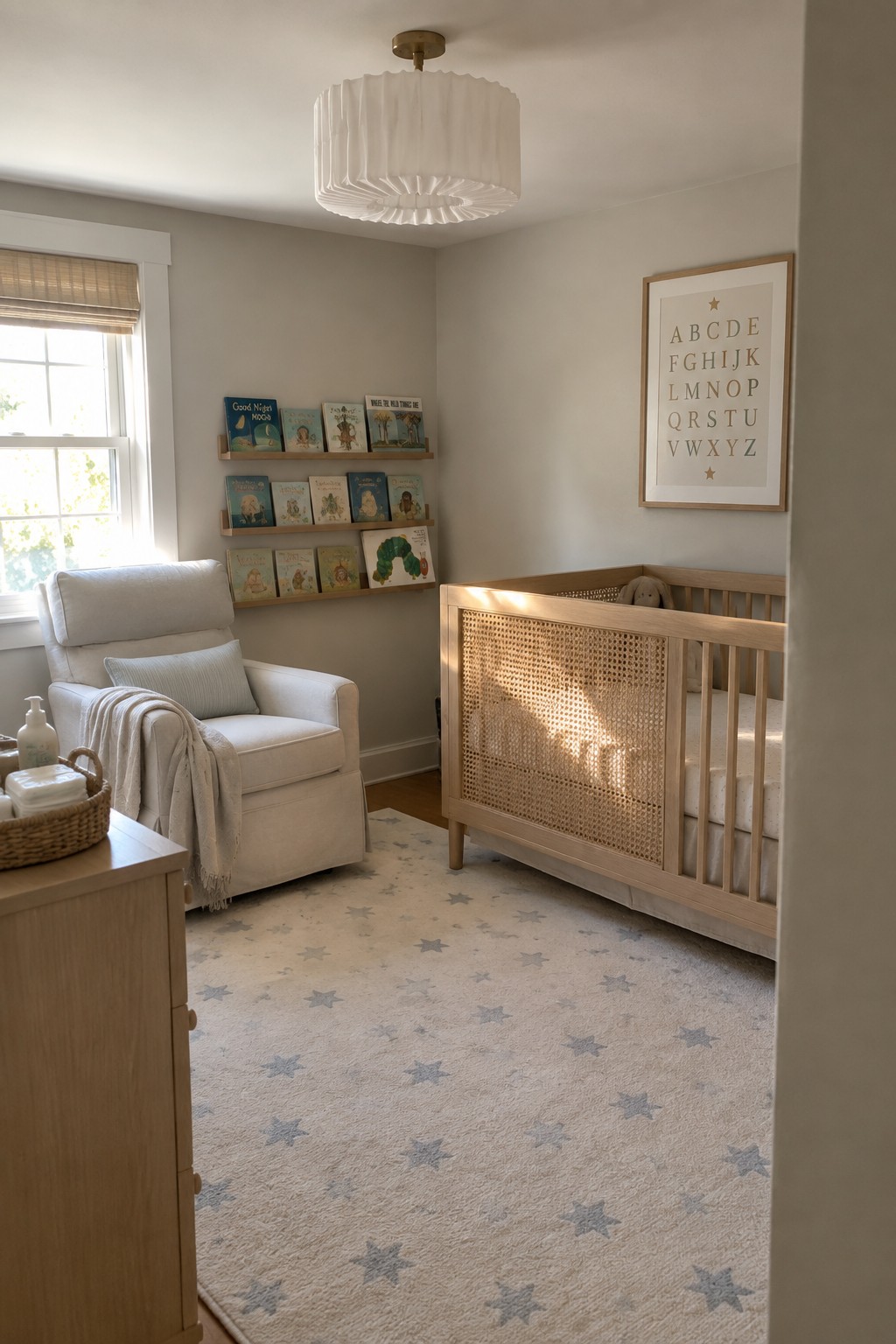A bright nursery with a white drum shade chandelier on a low ceiling, a light wood crib with cane paneling, an upholstered armchair, and a star-patterned rug on the floor.