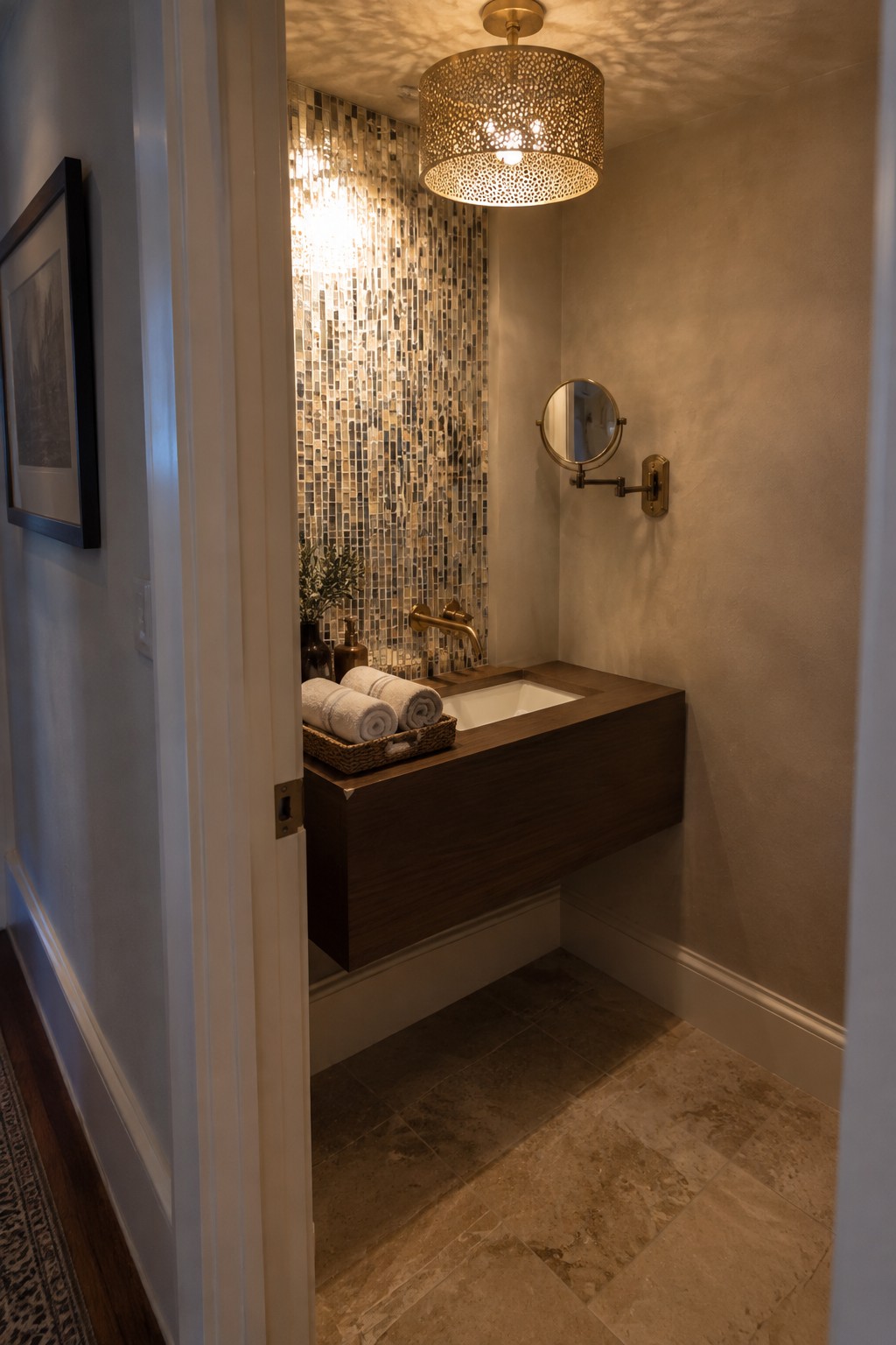 A small bathroom featuring a floating dark wood vanity, mosaic tile backsplash, and a round perforated drum shade chandelier suspended from the ceiling.