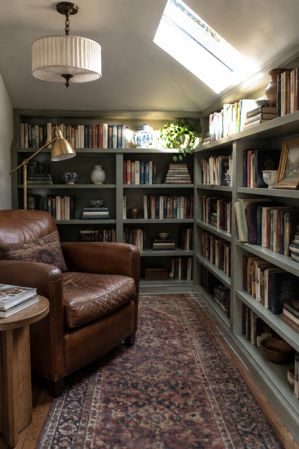 A small library nook with built-in gray bookshelves, a brown leather armchair, a patterned rug, and a white drum shade chandelier hanging from the ceiling beneath a skylight.