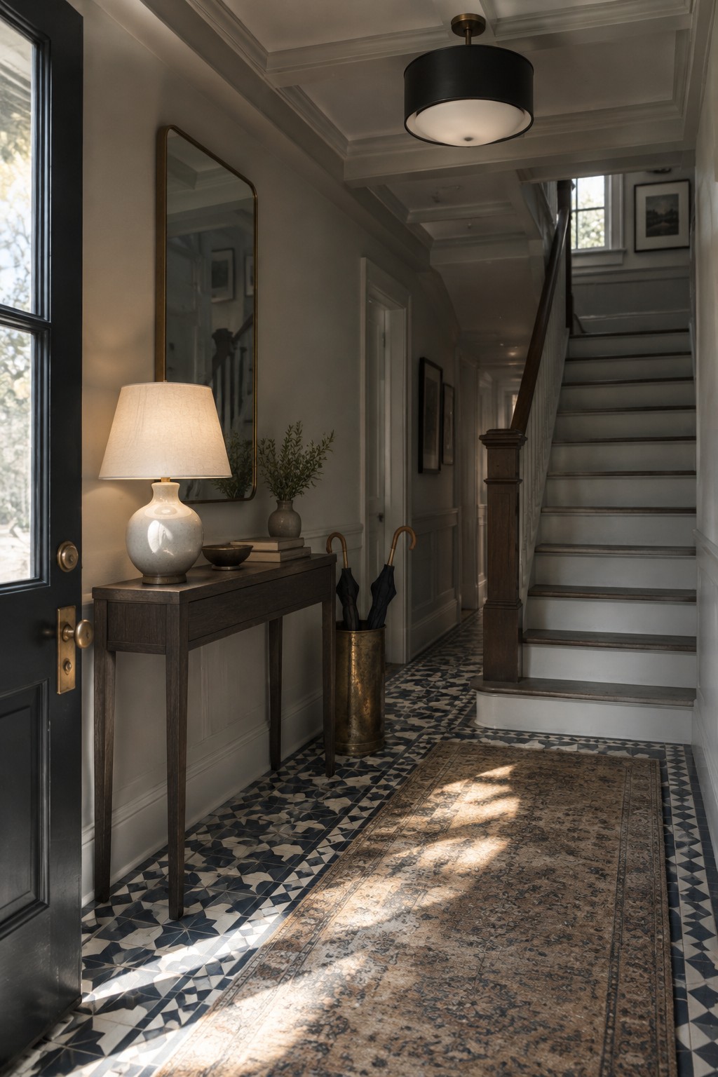 A hallway with a black drum shade ceiling light above a patterned runner, console table with lamp, and staircase on the right.