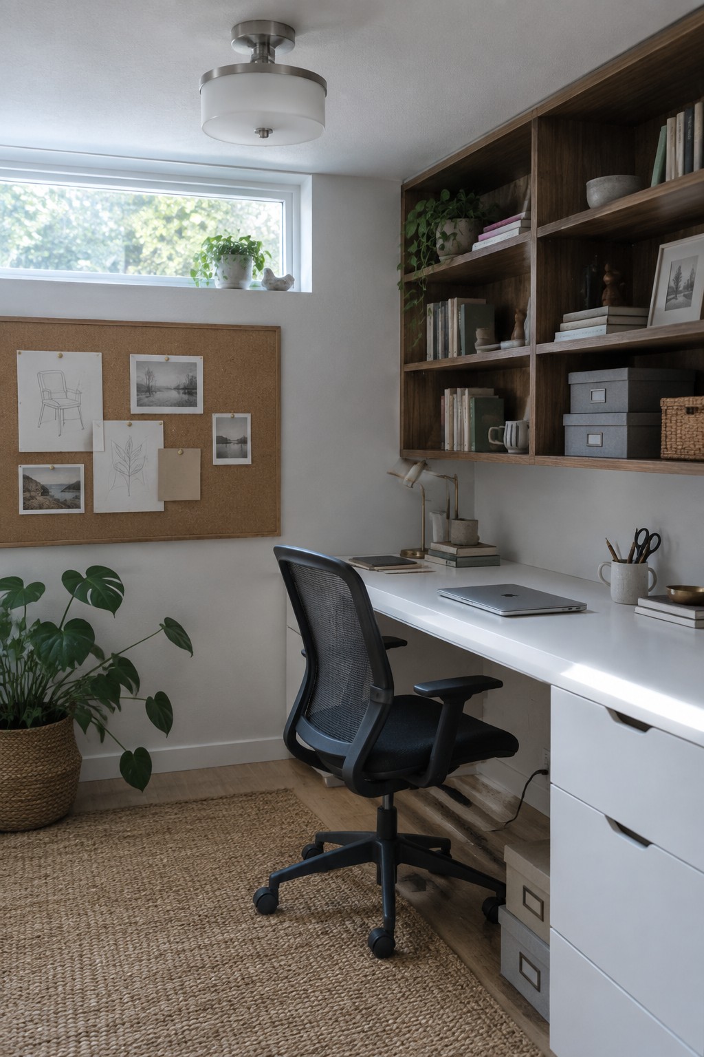Modern minimalist home office with white desk, black chair, wooden shelves, and corkboard.