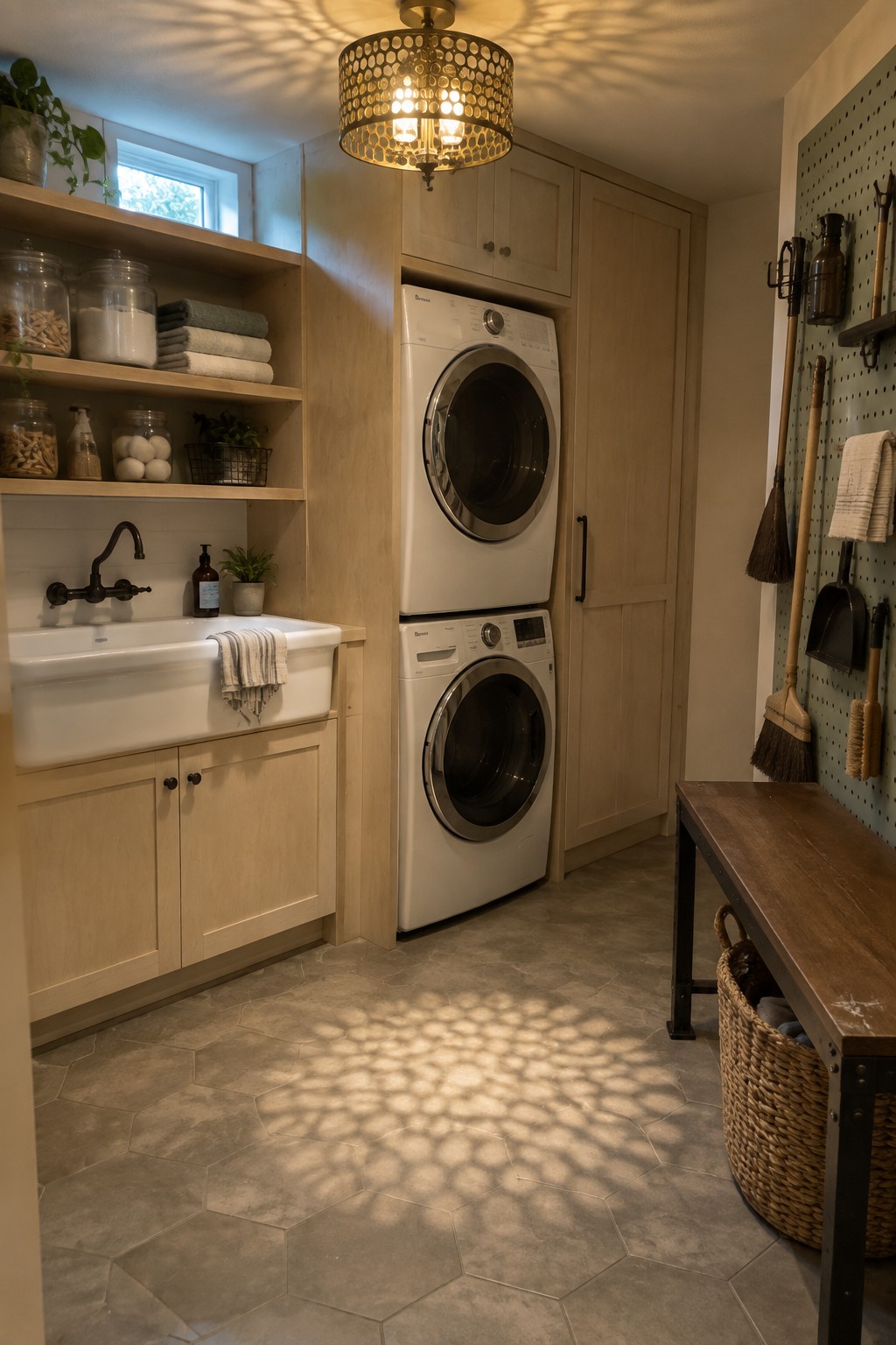 A laundry room featuring a stacked white washer and dryer beneath light wood cabinets, a white farmhouse sink, open shelving, and a round drum shade chandelier with a perforated pattern.