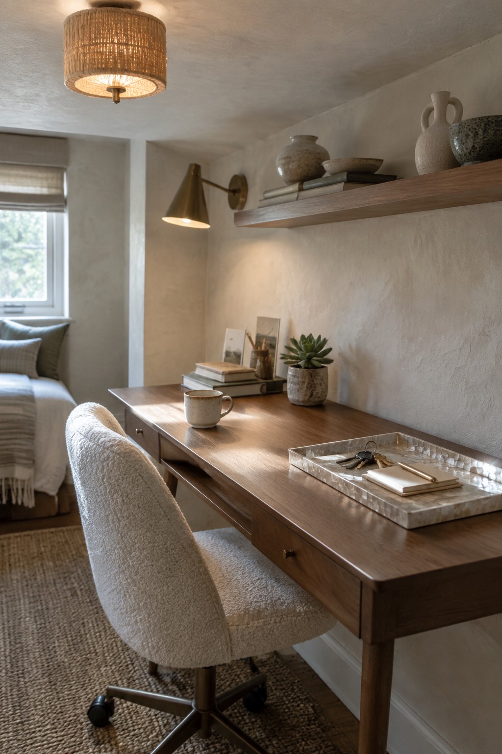 A bedroom workspace with a wooden desk, white bouclé chair, and woven drum shade chandelier hanging above it.