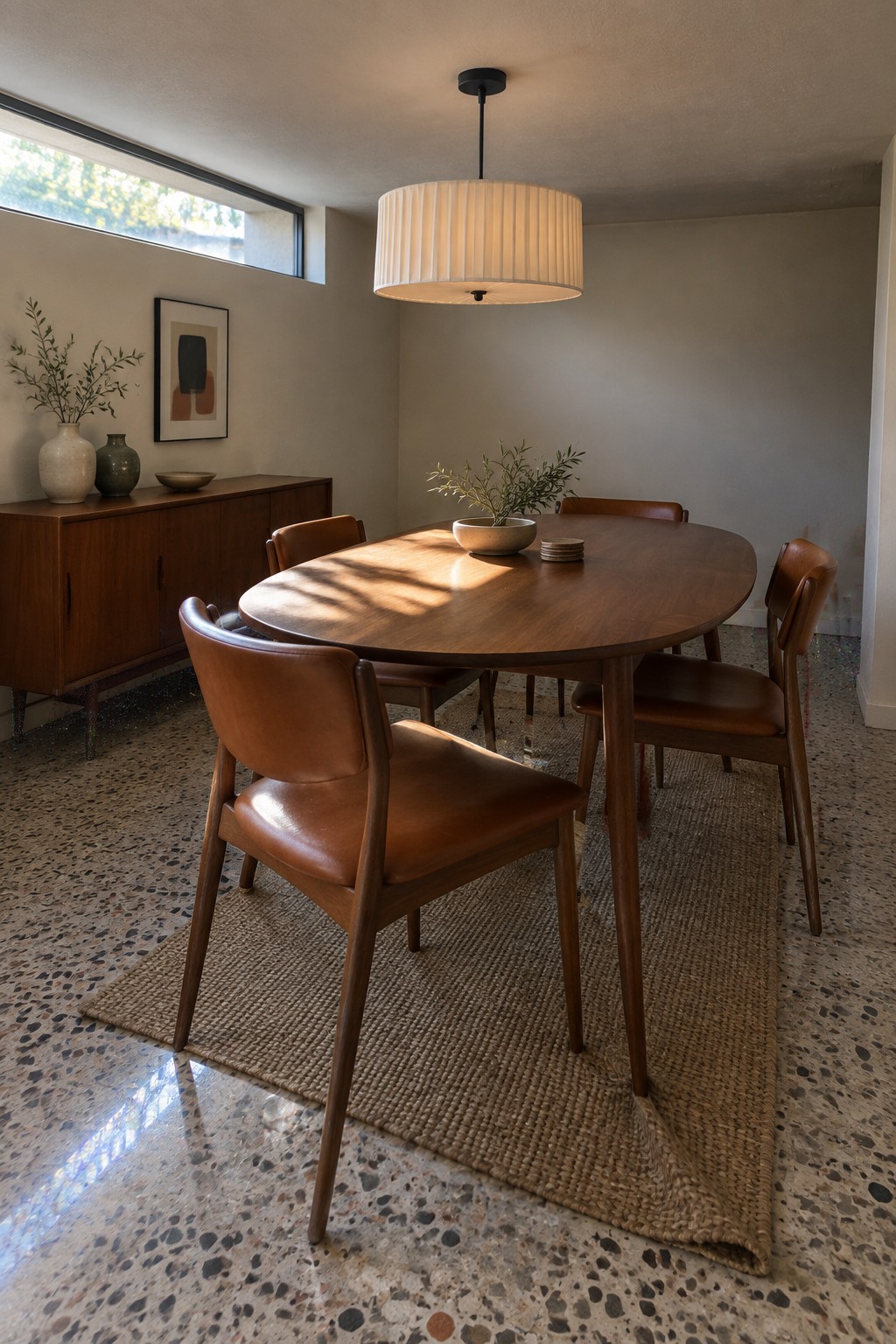 A modern dining room featuring an oval wooden table with brown leather chairs on a woven rug, a white drum shade pendant light hanging above the table, and a wooden sideboard along the wall.