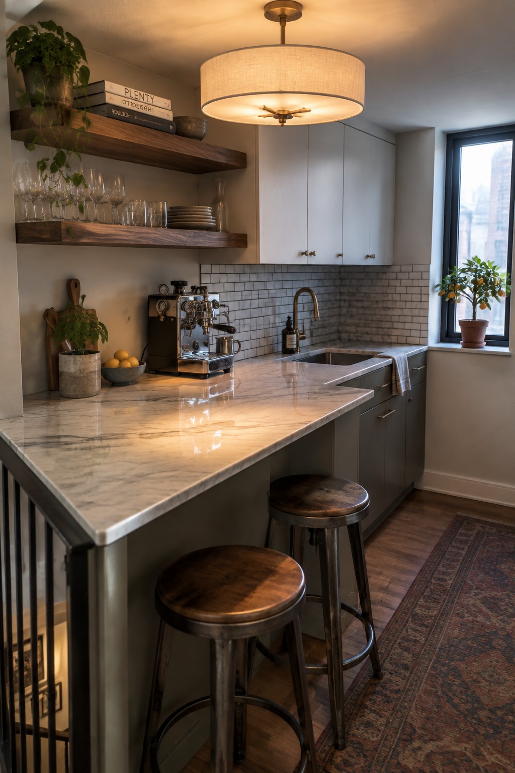 A modern kitchen with a round drum shade pendant light hanging above a marble island counter with two wooden bar stools.