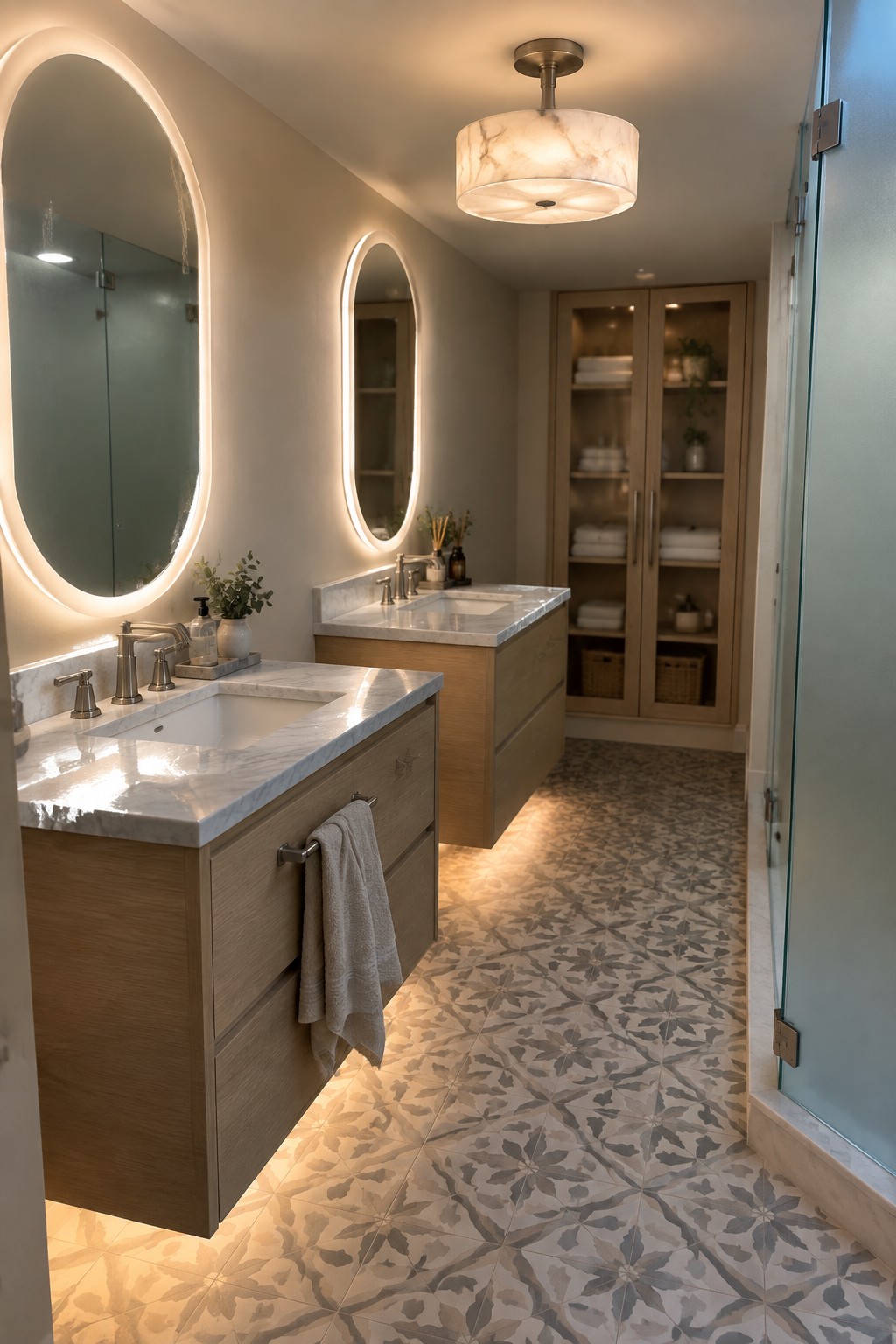 A bathroom interior featuring two wood vanities with marble tops, oval illuminated mirrors, patterned floor tiles, and a round drum shade ceiling light.