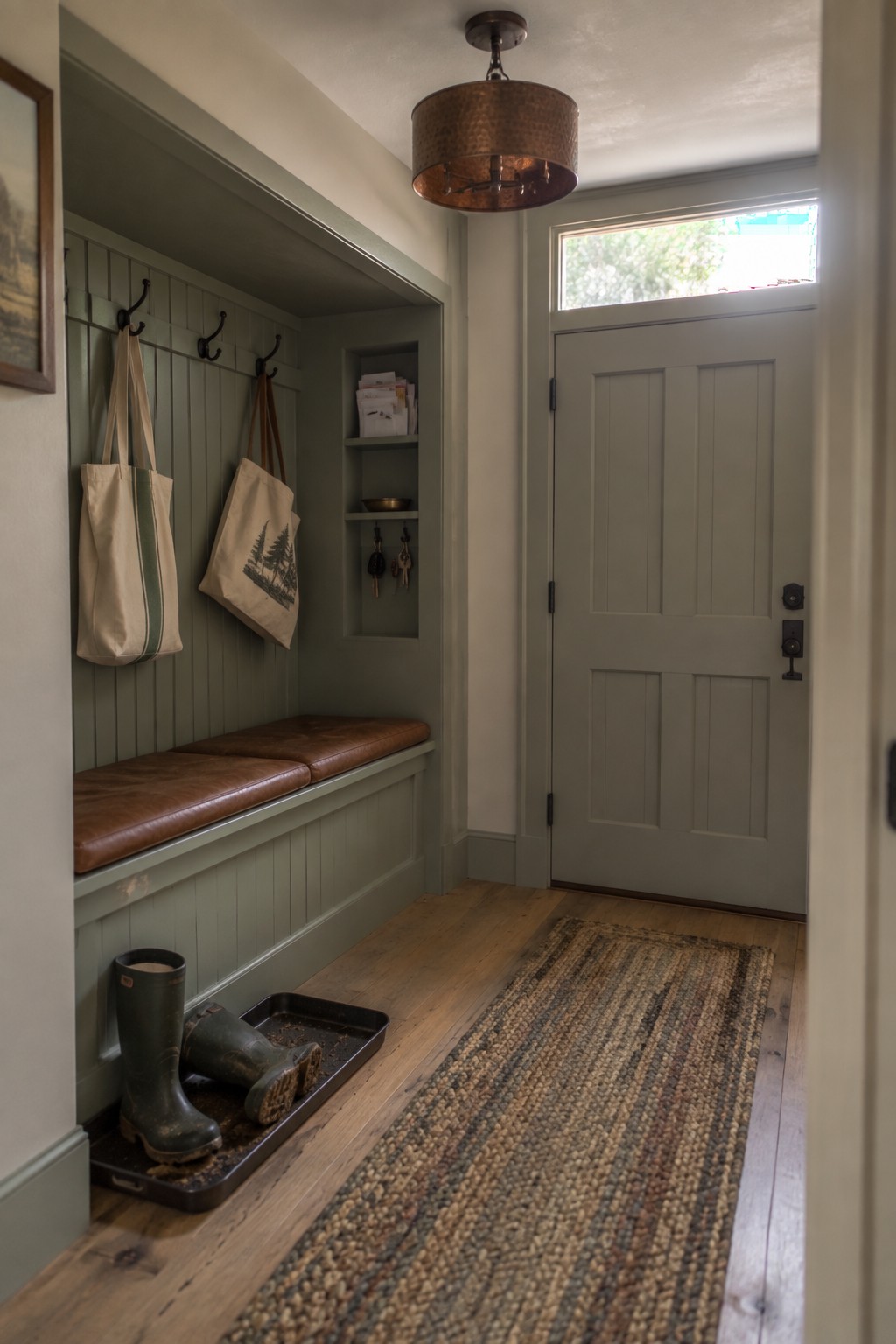 A narrow interior entry space with sage green built-in bench seating, wall hooks holding canvas totes, a recessed shelf with keys and mail, muddy boots on a tray, a woven runner, and a copper drum shade chandelier near a gray paneled door.