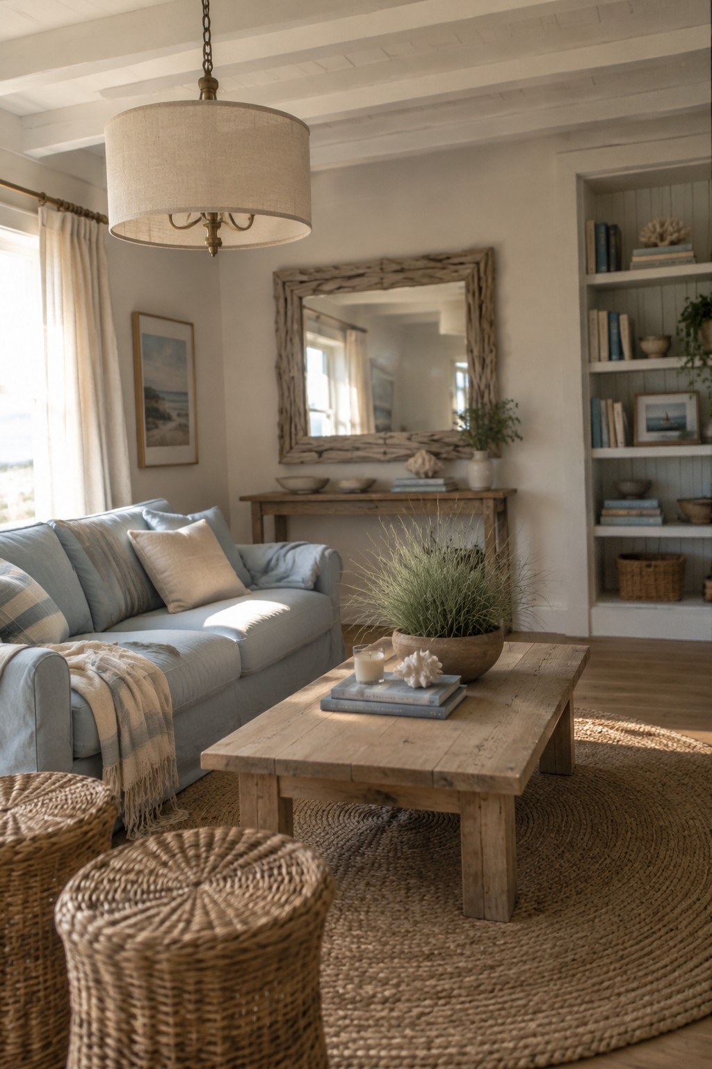Cozy coastal living room with light blue sofa, wooden coffee table, and jute rug