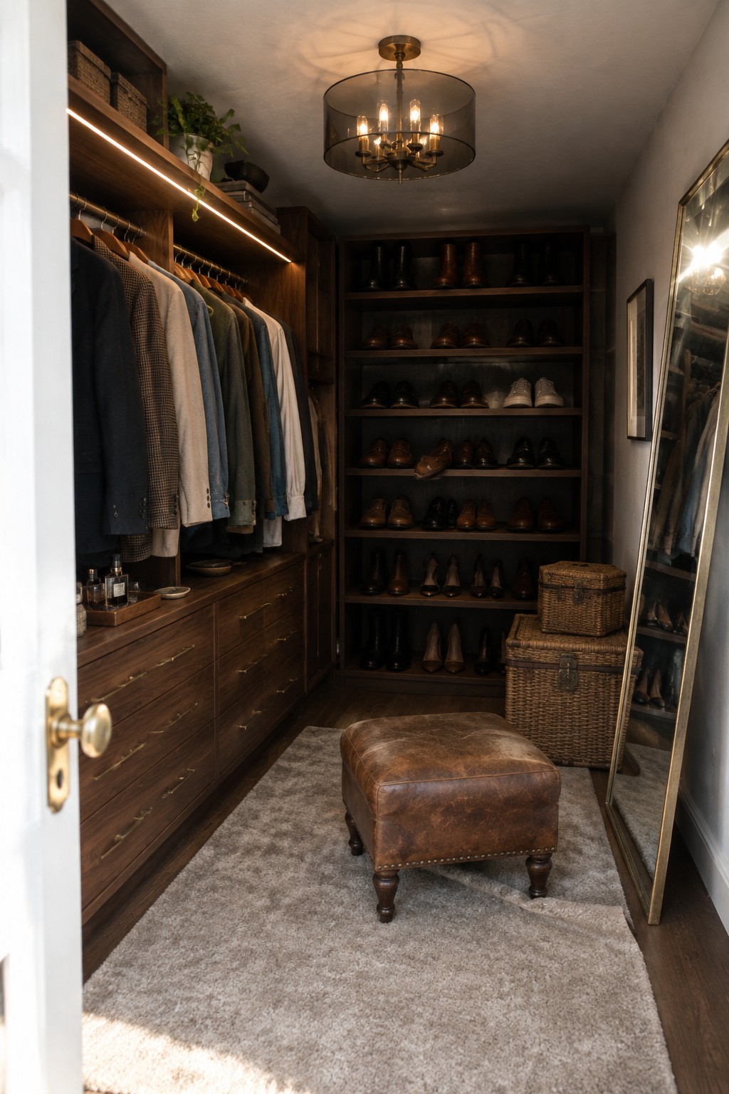 Dark wood walk-in closet with hanging clothes, shoe shelves, leather ottoman, and mirror.