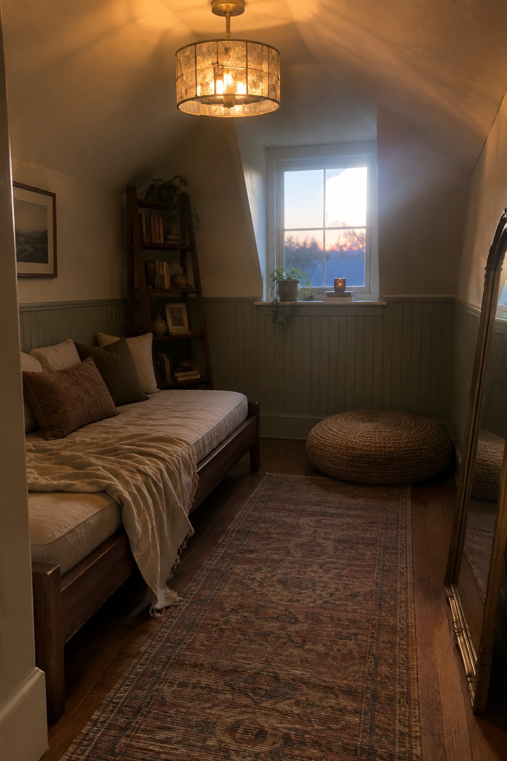 A small attic bedroom with slanted ceiling, daybed with pillows, woven rug, and a lit drum shade chandelier hanging from the ceiling.