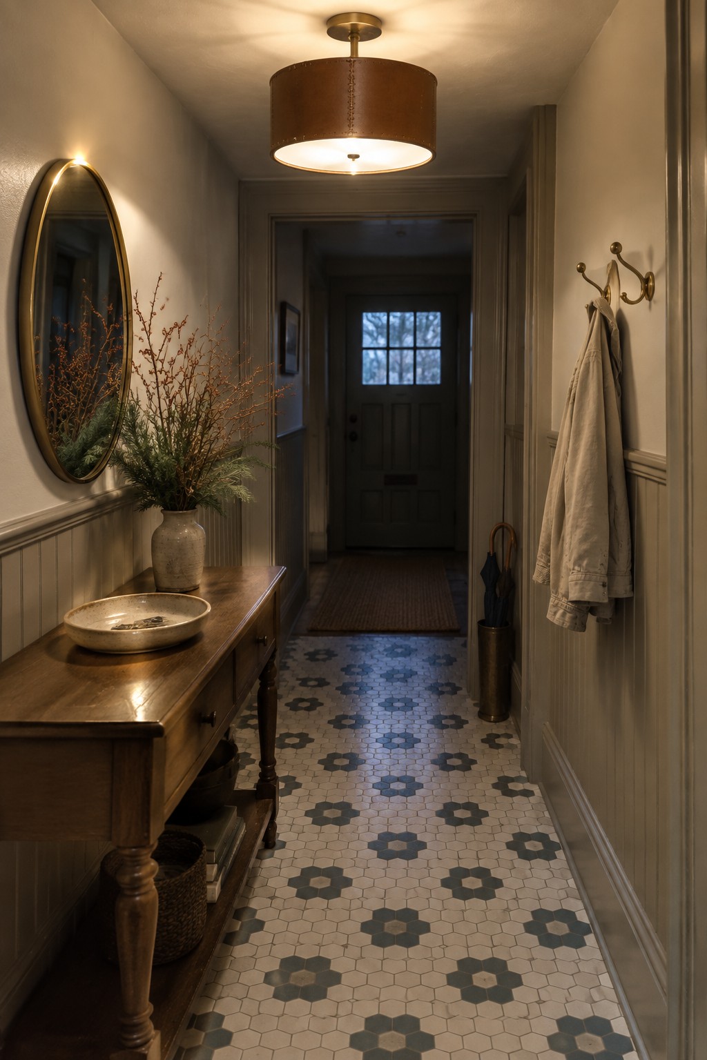 Hallway with wooden console table, round mirror, hexagonal tiles, and hanging jacket.