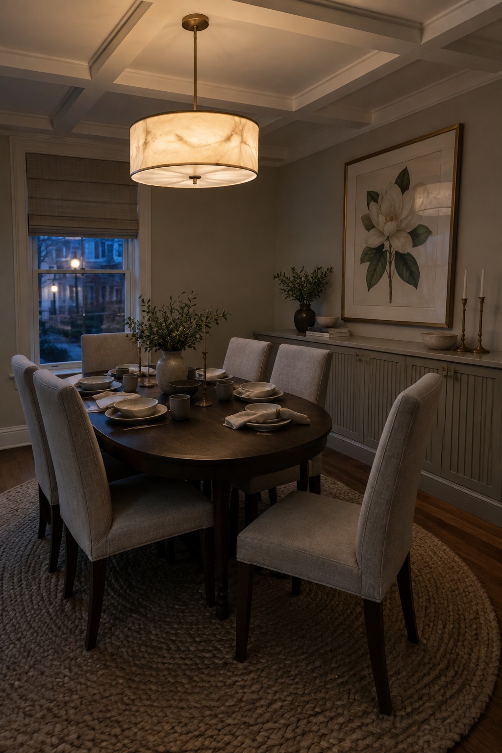 A round dark wood dining table with gray upholstered chairs is centered under a large cylindrical drum shade chandelier in a neutral dining room with a round jute rug and a framed floral print on the wall.