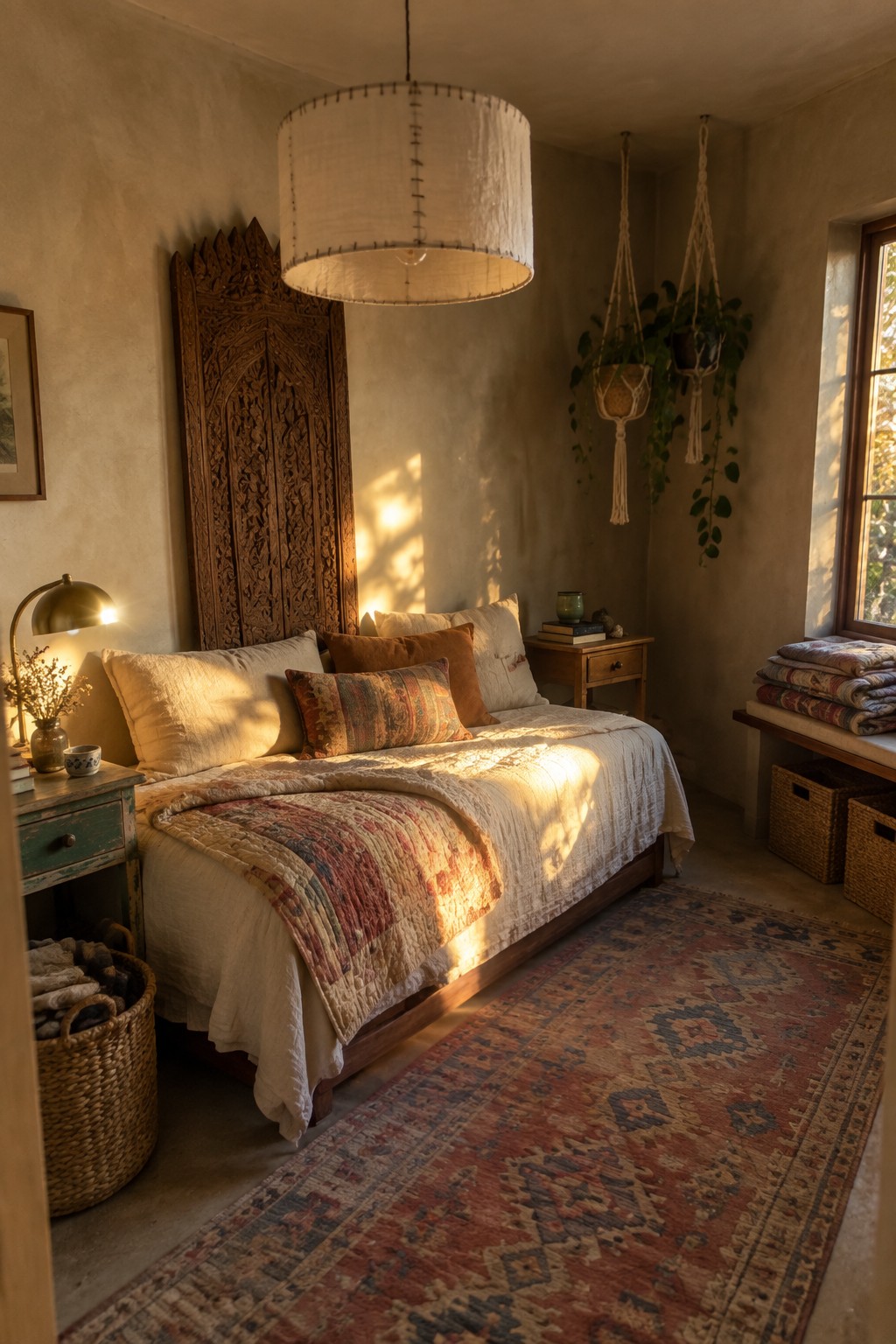 Sunlit rustic bedroom with carved headboard, hanging plants, woven rug and warm light