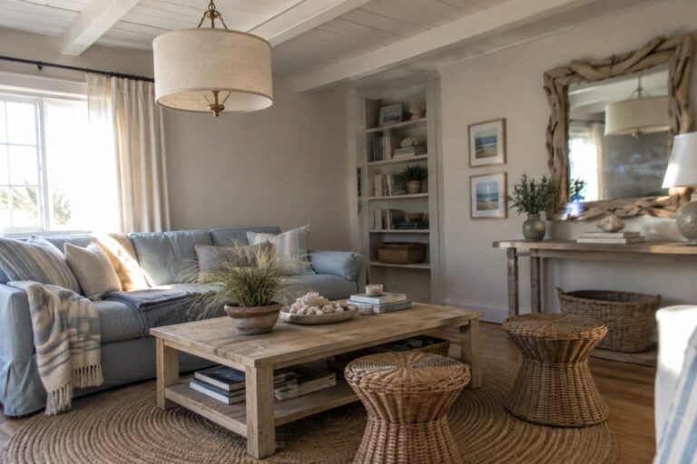 Cozy coastal living room with light blue sofa, wooden coffee table, and jute rug