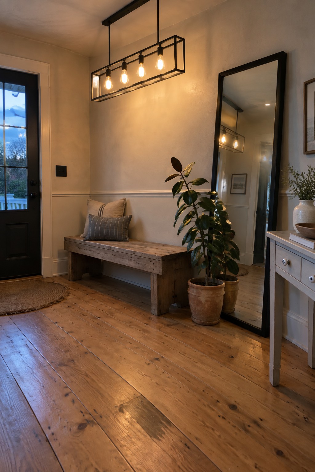 A farmhouse foyer interior with a long rectangular black metal pendant light above a wooden bench, next to a tall black-framed mirror and potted plants.