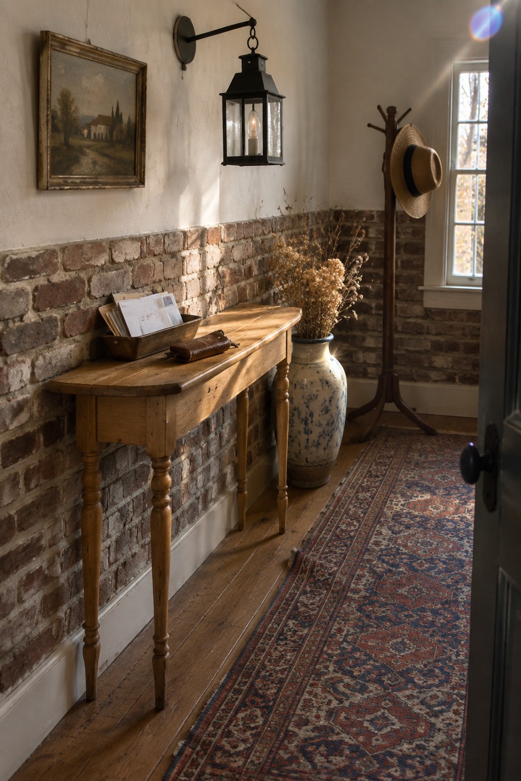 A narrow wooden console table sits against a red brick wall in an entryway, with a black metal lantern sconce mounted above it and a large blue-patterned vase holding dried branches nearby.