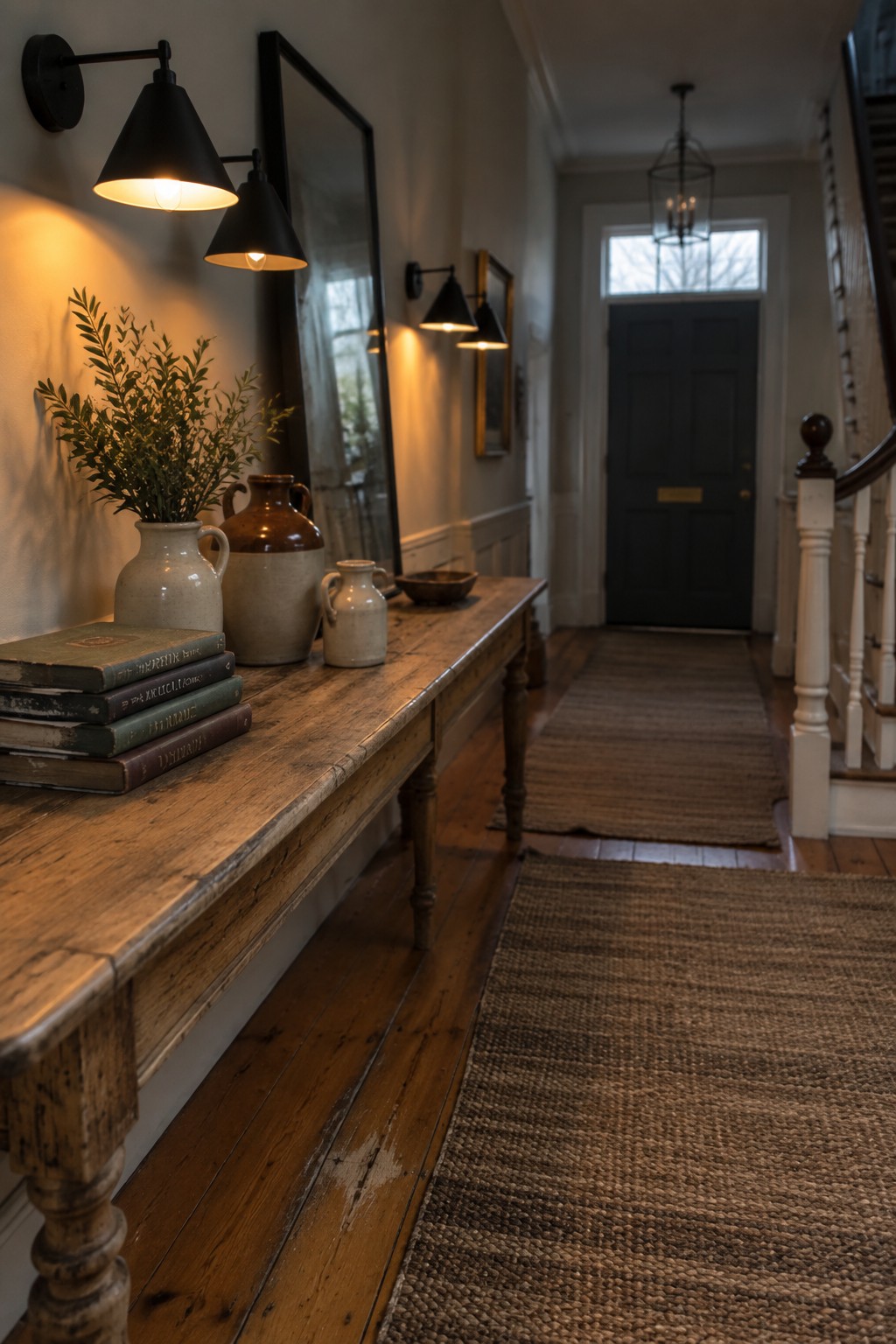 A wooden console table in a farmhouse foyer with black metal wall sconces above it, a large mirror, stacked books, and ceramic vases.