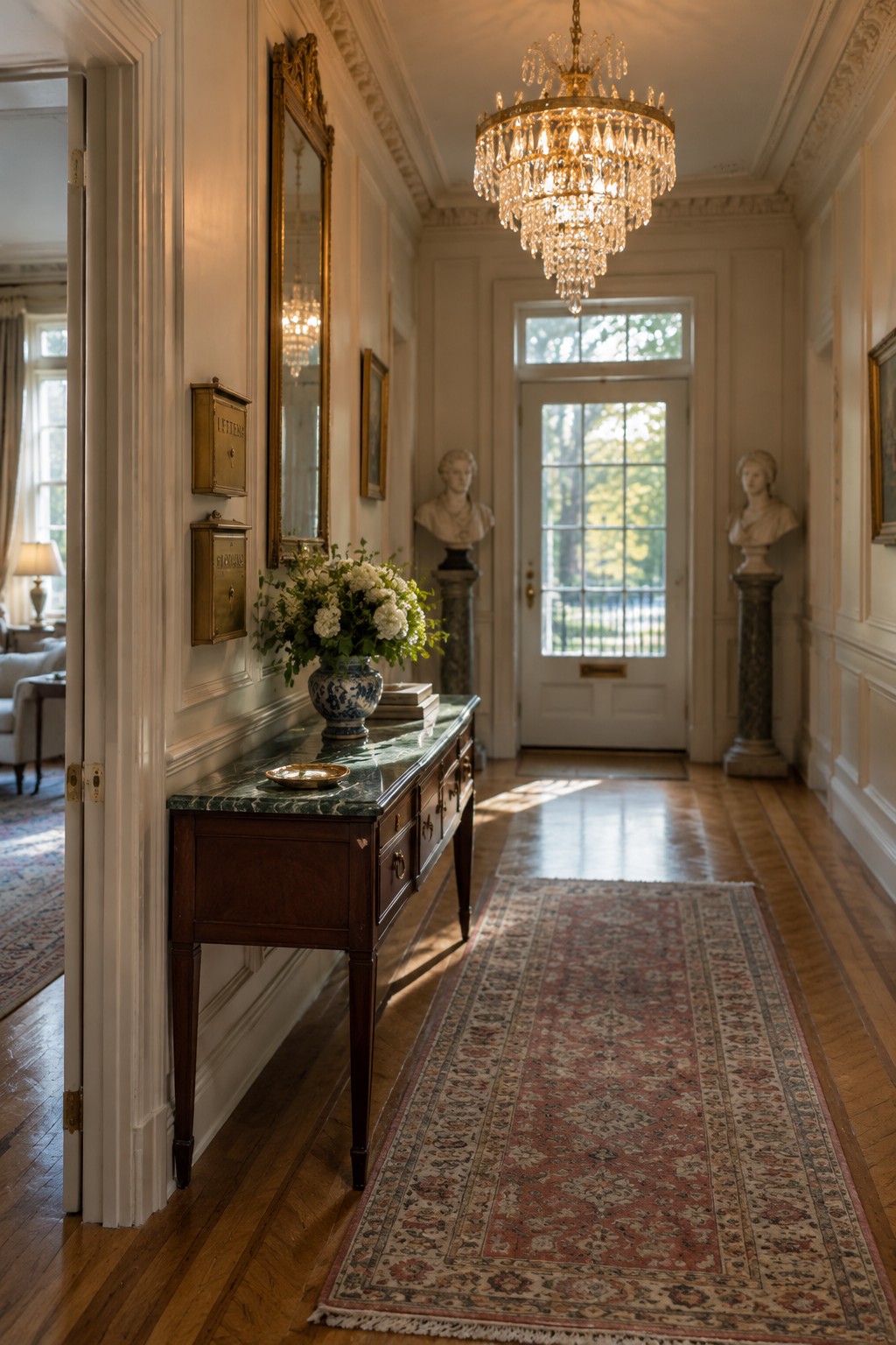A long traditional interior foyer with a large crystal chandelier hanging above a dark wood console table topped with a blue and white vase of flowers, leading toward a white front door with sidelights.