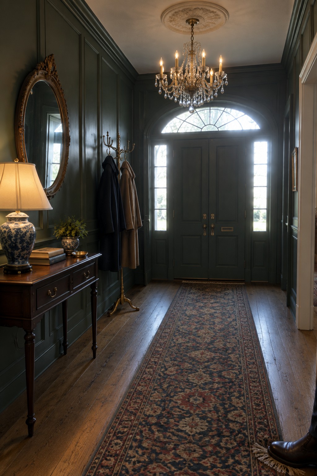 Elegant dark green foyer with chandelier, coat rack, console table, and long runner rug