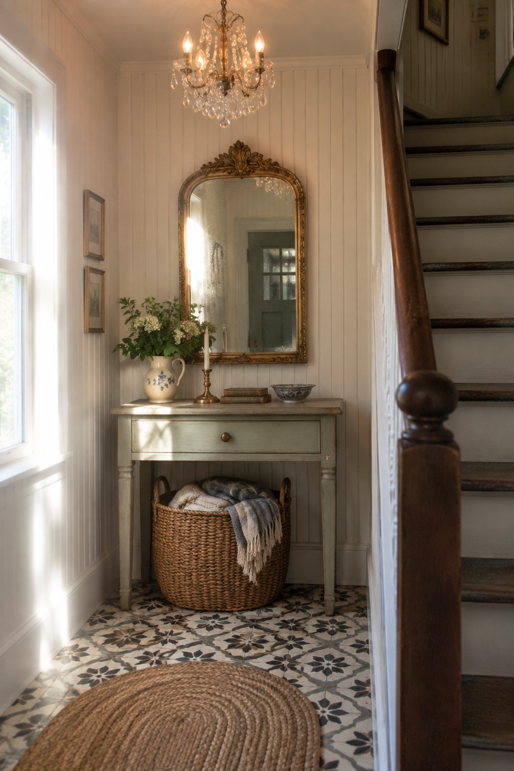 A narrow interior foyer with a lit crystal chandelier above a light green console table, an ornate gold mirror, a wicker basket on patterned tile, and a wooden staircase on the right.