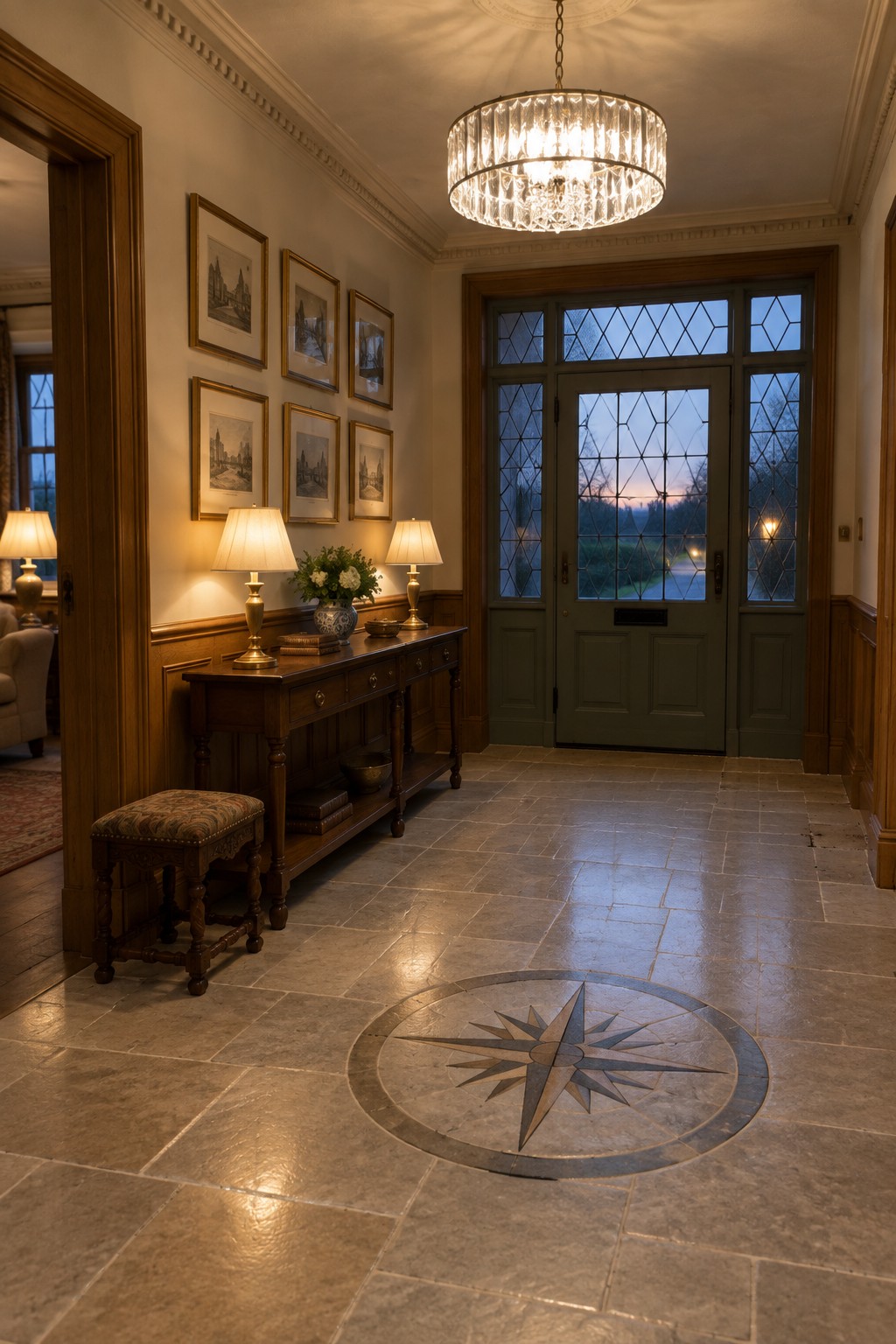 A spacious traditional foyer features a large crystal chandelier above a wooden console table, with framed artwork on the wall and a compass rose inlay on the stone tile floor.