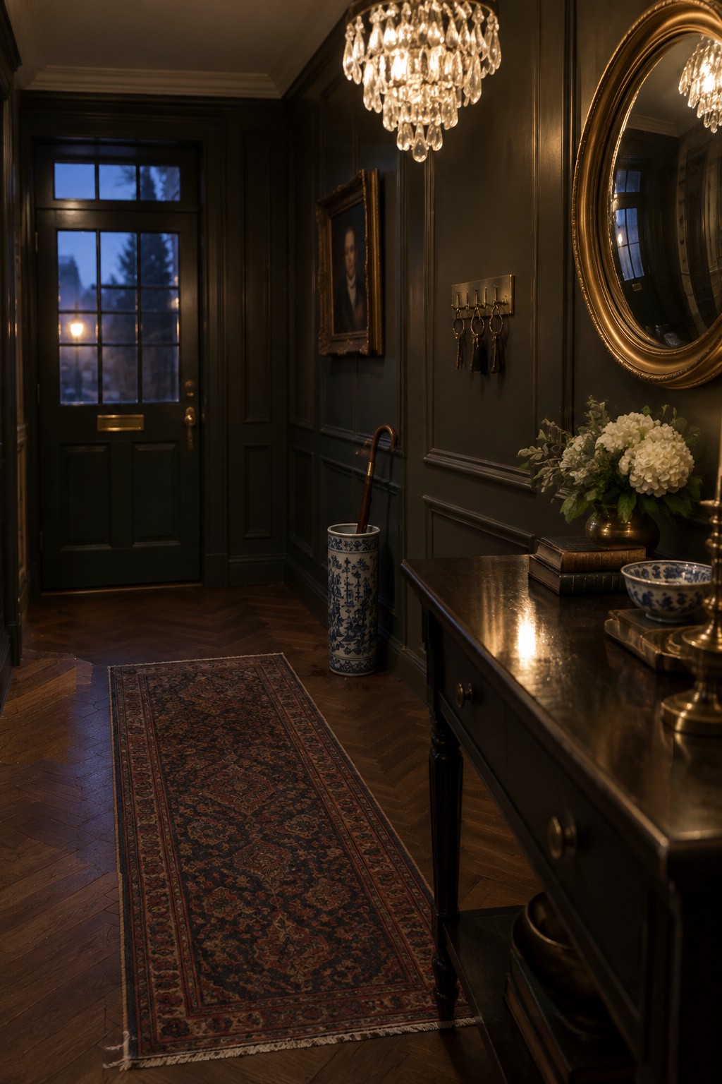 A crystal chandelier hangs from the ceiling in a dark paneled foyer with a long patterned runner, console table, round mirror, and front door with glass panes.