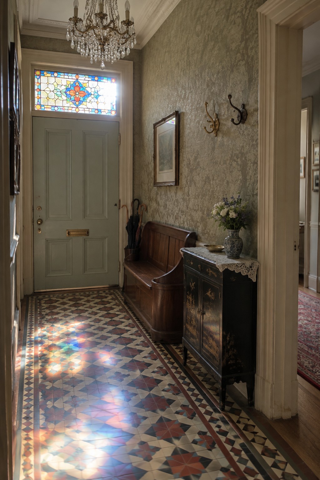 A traditional foyer interior with a crystal chandelier, a light green paneled door with a colorful stained glass transom, a wooden bench, and a black cabinet with a vase of flowers on a patterned tile floor.