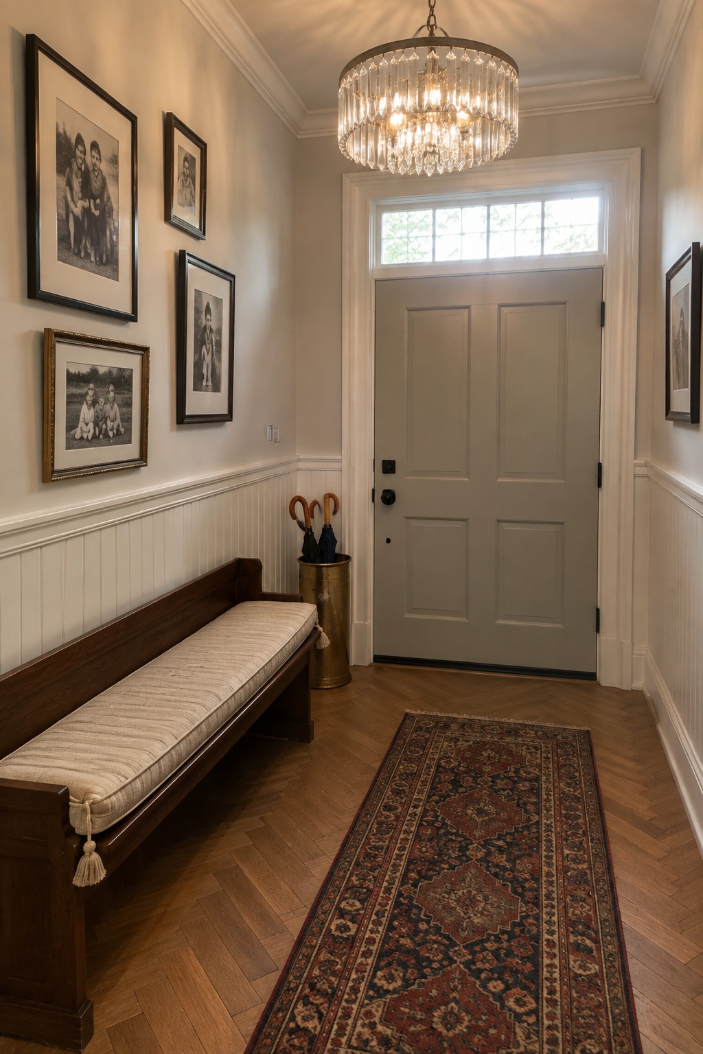 A traditional home foyer with a large crystal chandelier, wooden bench with cushion, patterned runner rug on herringbone wood floor, and white double doors with transom window.