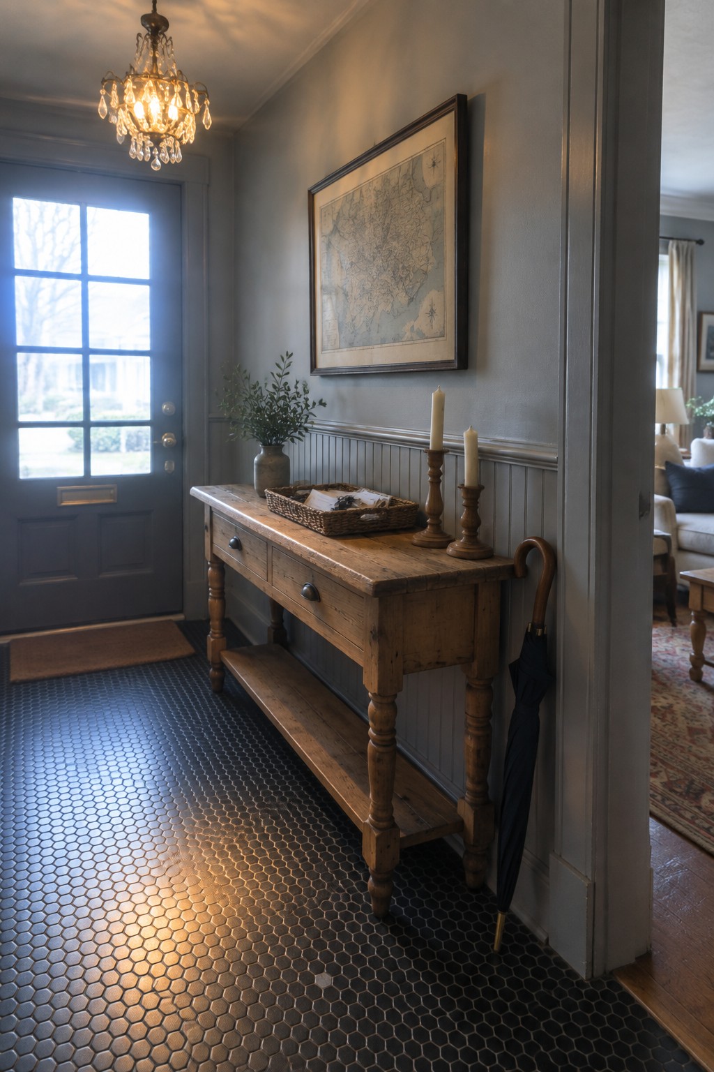 A foyer interior with a lit crystal chandelier, a wooden console table holding a basket and candles, a framed map on the wall, and a black umbrella leaning nearby.