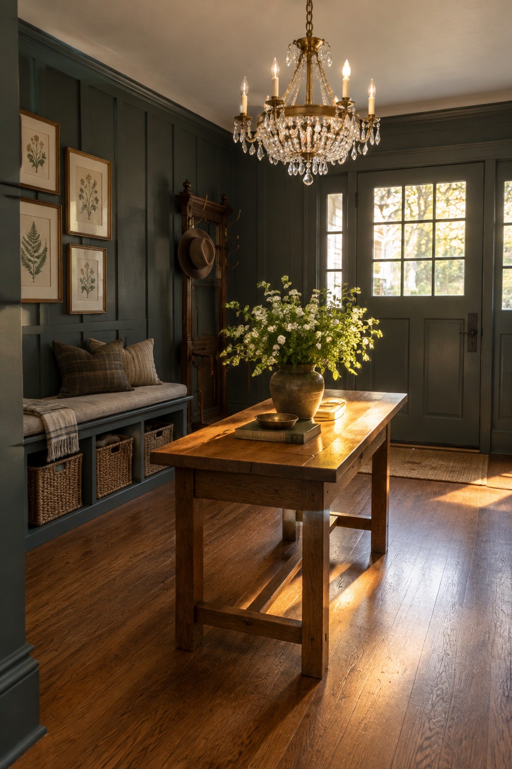 Rustic entryway with dark green walls, wooden table, crystal chandelier, and floral vase