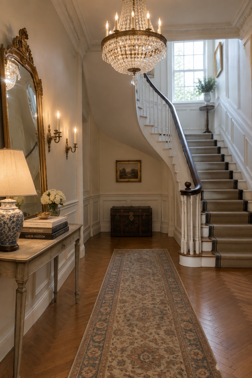 A traditional interior foyer with a large crystal chandelier hanging above a long patterned runner rug, a curved staircase on the right, and a console table with mirror on the left.