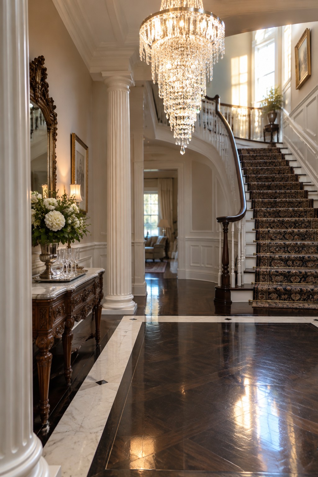 A spacious traditional foyer with a large crystal chandelier hanging from the ceiling above a polished dark wood floor, a grand staircase with patterned carpet, and white columns.