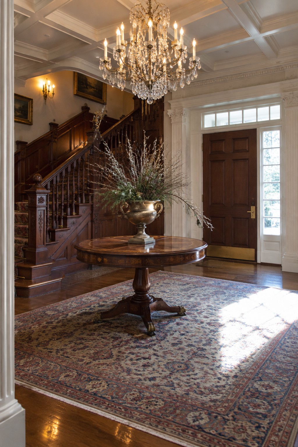 A grand foyer interior with a large lit crystal chandelier above a round wooden table holding a metal urn with branches, a patterned rug on the floor, a dark wood staircase on the left, and a wooden front door on the right.