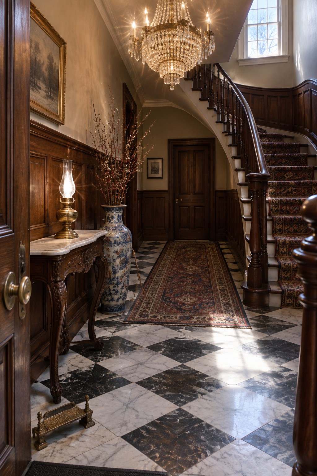 Interior view of a traditional foyer with a large crystal chandelier hanging above a long patterned rug on black and white marble tile, a dark wood staircase on the right, and a marble-topped console table with a blue and white vase on the left.