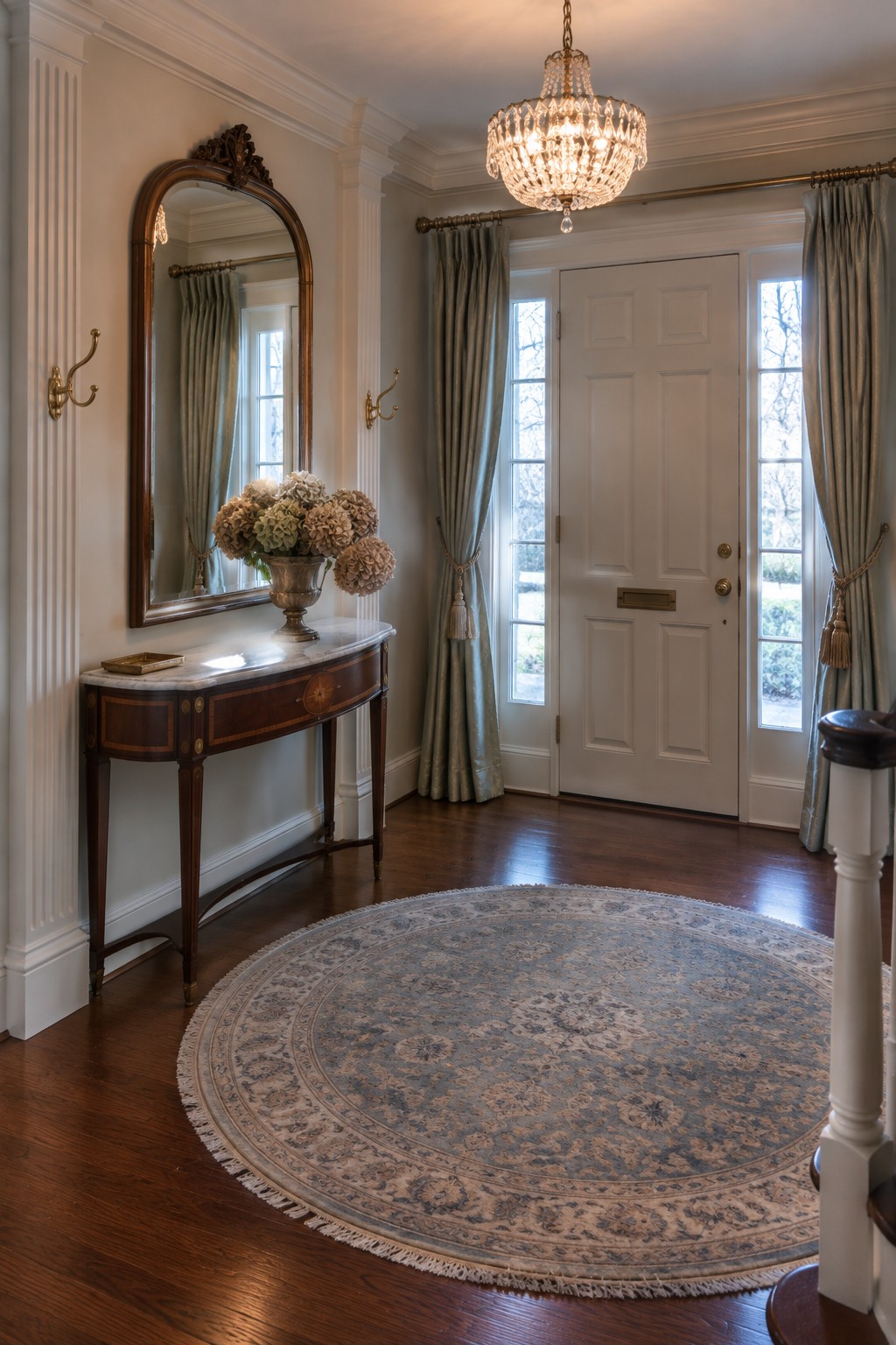 Elegant foyer with crystal chandelier, round blue rug, marble console, and white door.