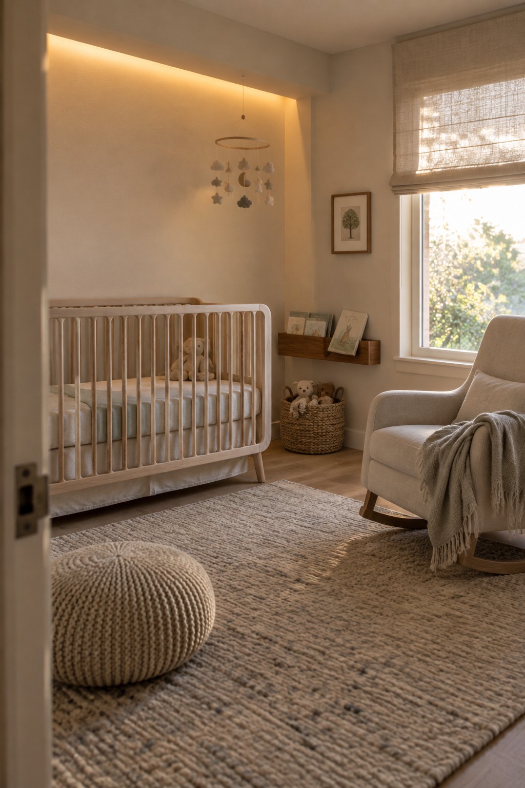 A nursery with a wooden crib under a glowing recessed wall niche, a rocking chair, and a woven rug on the floor.