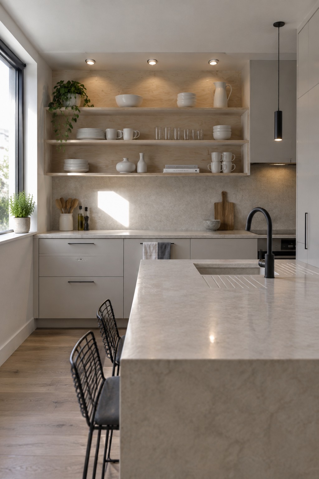 Modern kitchen with marble island, open wood shelves, white cabinets, black stools.