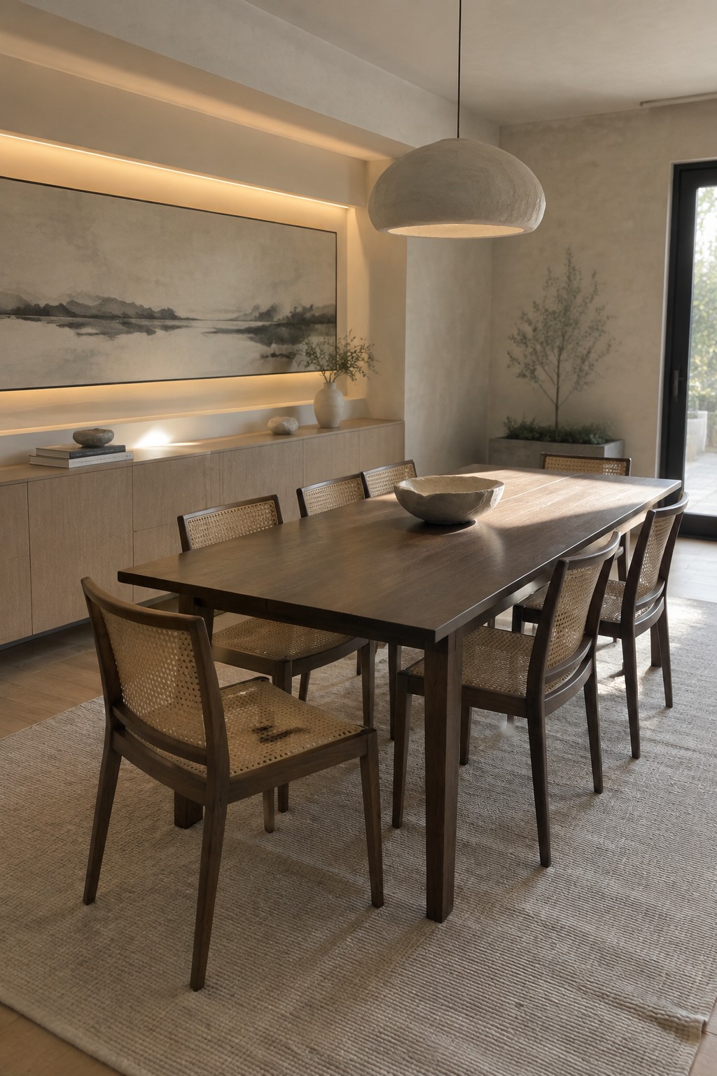A modern dining room with a long wooden table, cane-back chairs on a woven rug, and a large abstract painting lit by a recessed linear light in a ceiling niche above a light wood console.