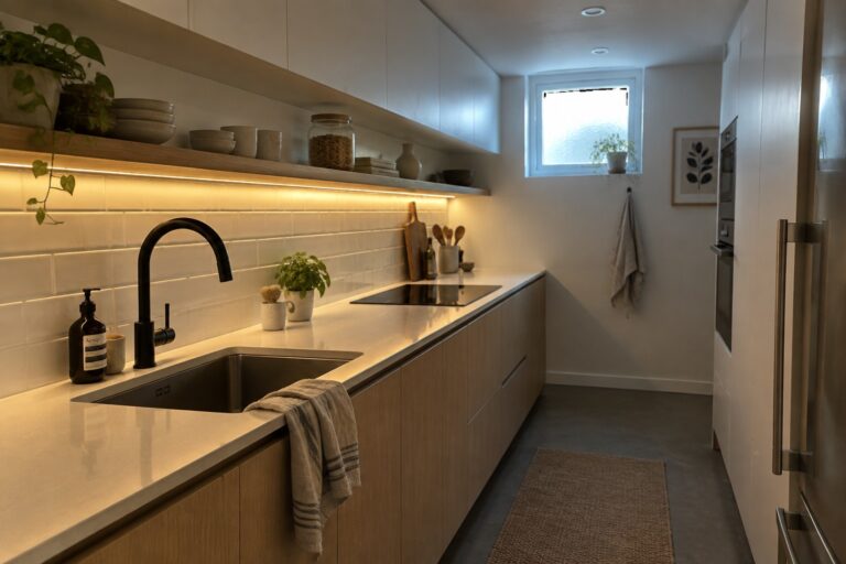A narrow kitchen with light wood cabinets, white countertops, and warm under-cabinet LED lighting glowing over the sink and workspace.